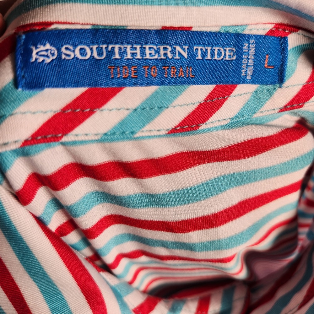 Southern Tide T3 Tide to Trail Polo Shirt Mens Large Red Teal Stripe Golf - Picture 4 of 11